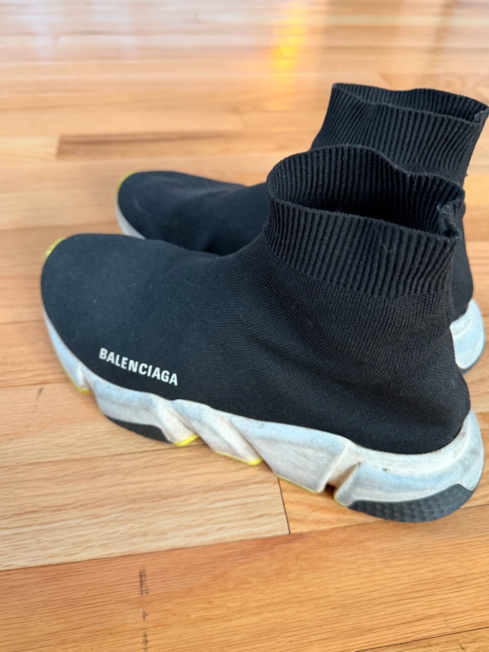 Balenciaga Black Knit Speed Trainer with Yellow Toe Accents - Picture 2 of 5